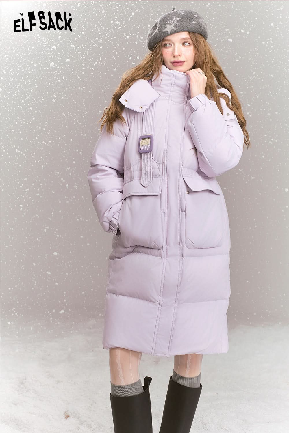 ELFSACK Fashionable loose contrast color mid-length hooded warm down jacket