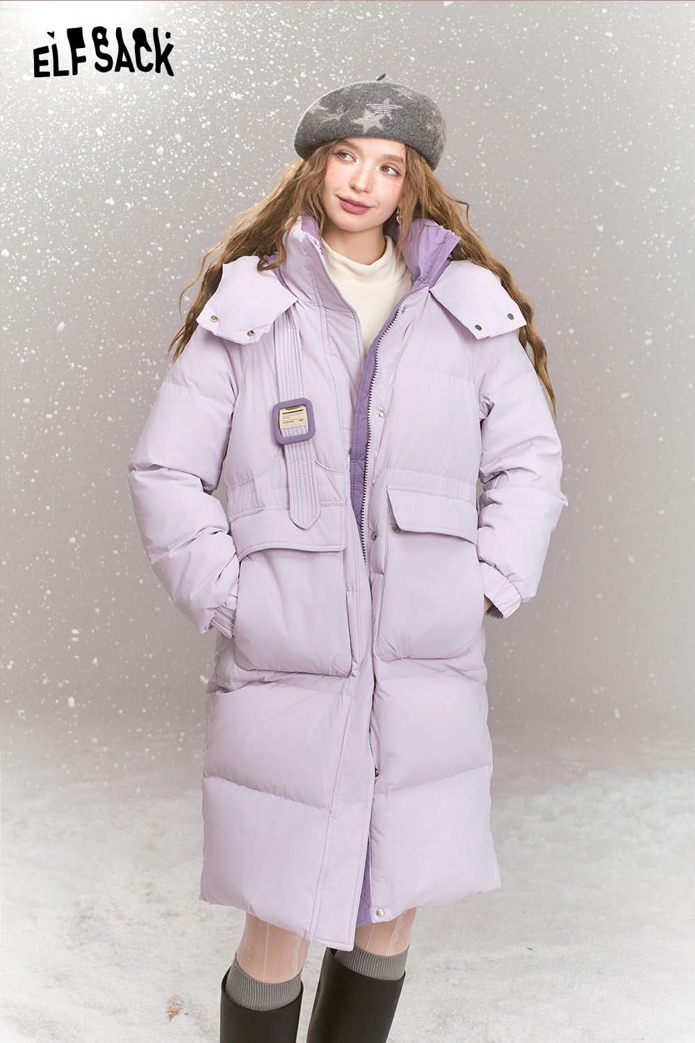 ELFSACK Fashionable loose contrast color mid-length hooded warm down jacket