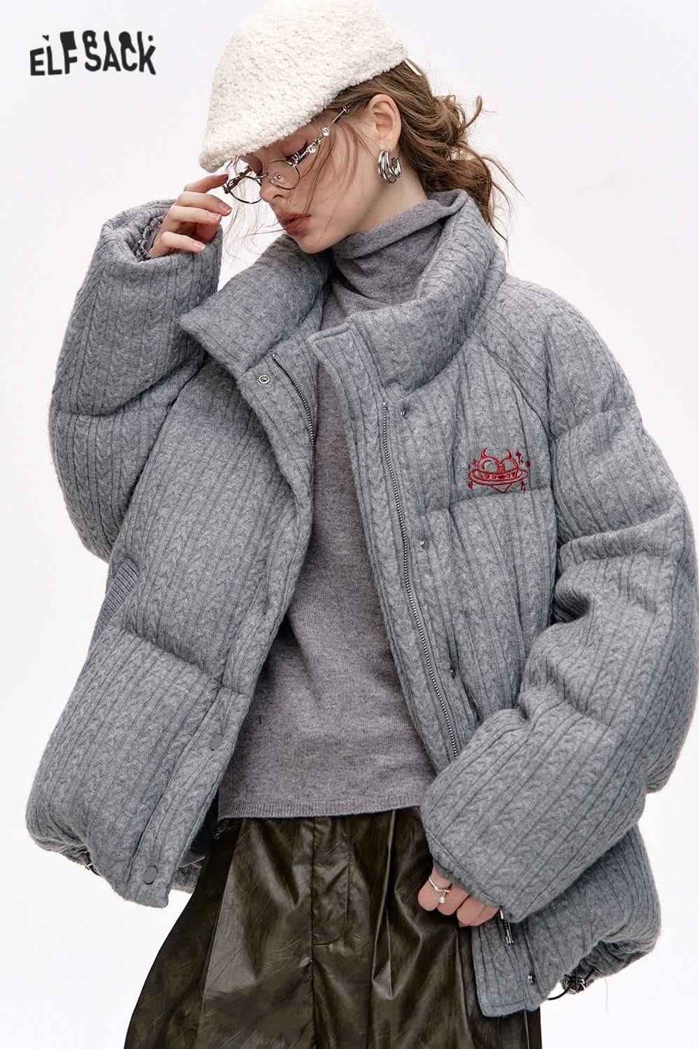 ELFSACK Grey Stand Collar Knitted Warm Short Down Jacket