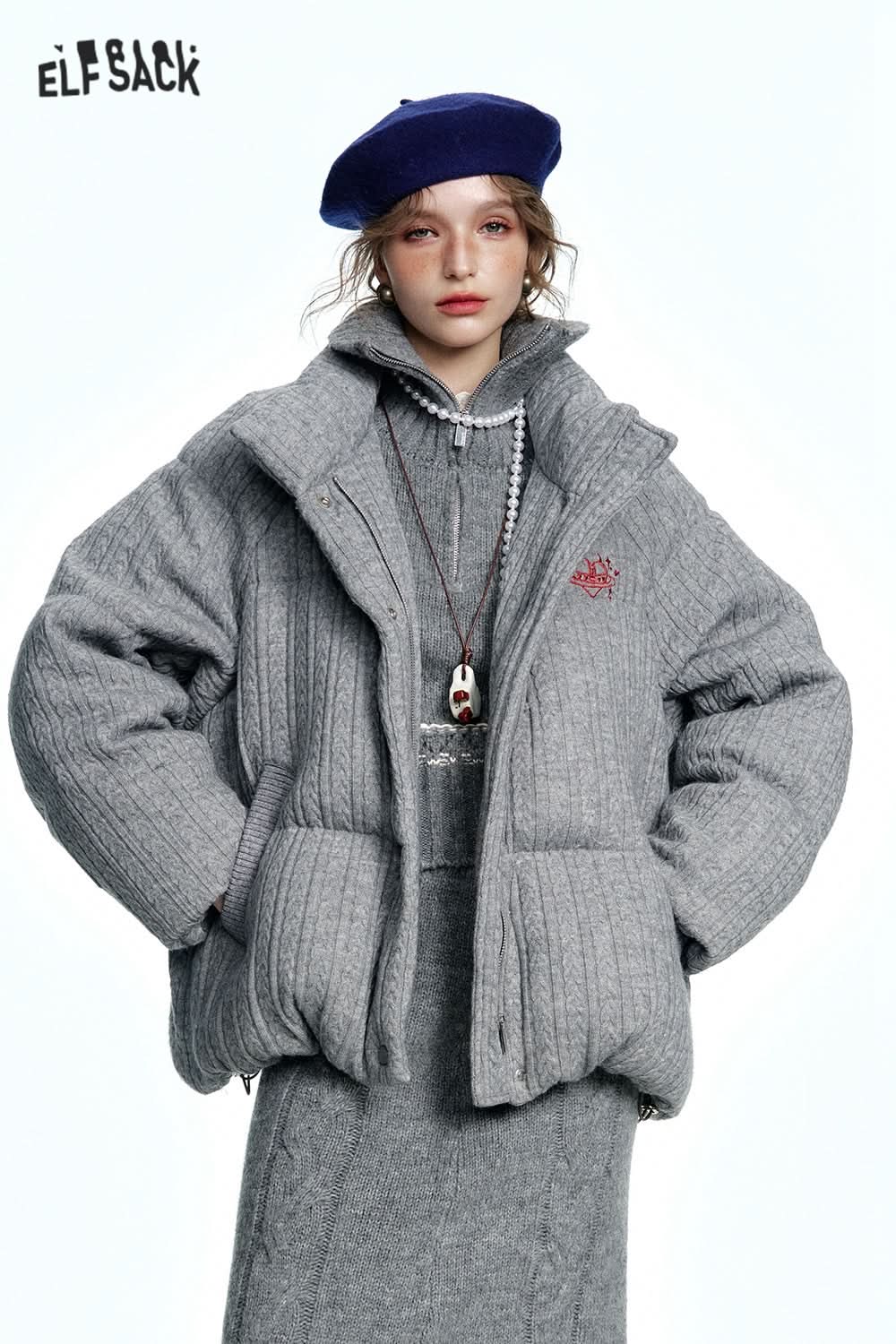 ELFSACK Grey Stand Collar Knitted Warm Short Down Jacket