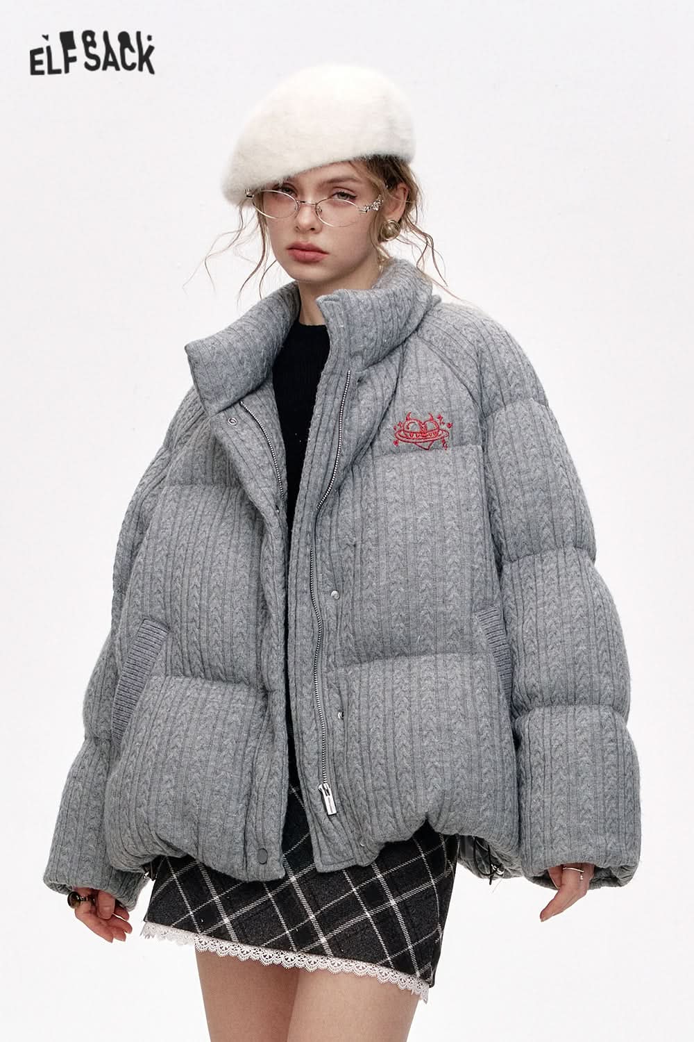 ELFSACK Grey Stand Collar Knitted Warm Short Down Jacket