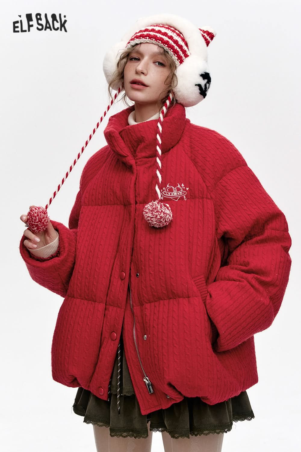 ELFSACK Grey Stand Collar Knitted Warm Short Down Jacket