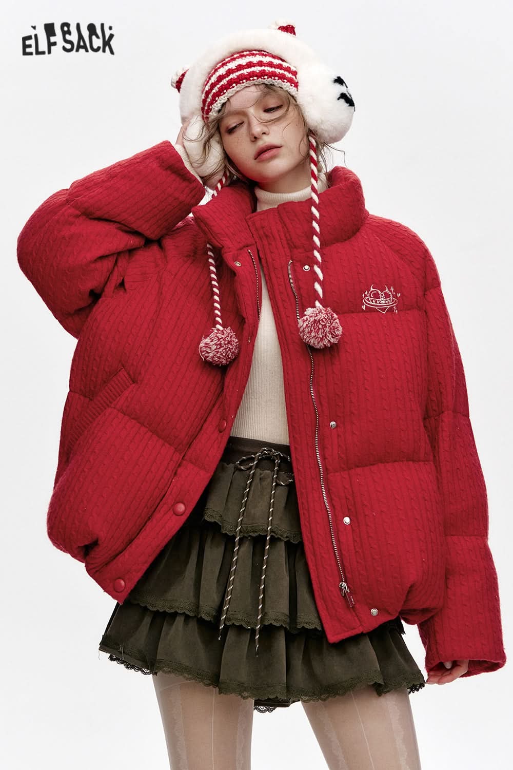 ELFSACK Grey Stand Collar Knitted Warm Short Down Jacket