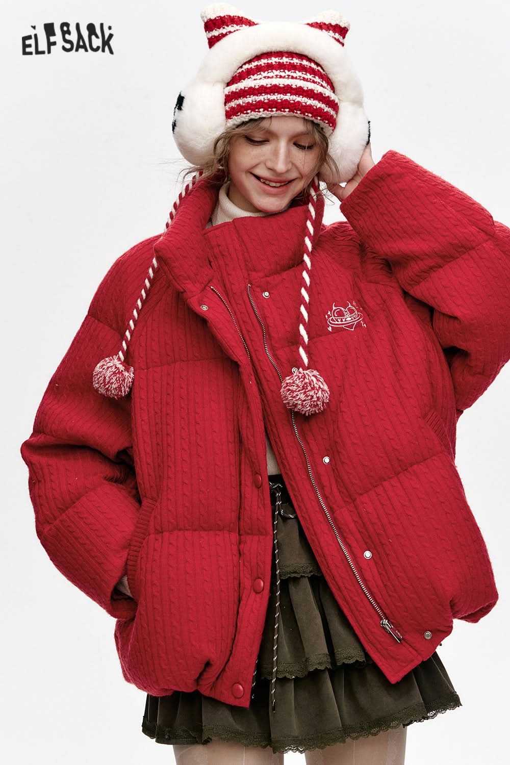 ELFSACK Grey Stand Collar Knitted Warm Short Down Jacket