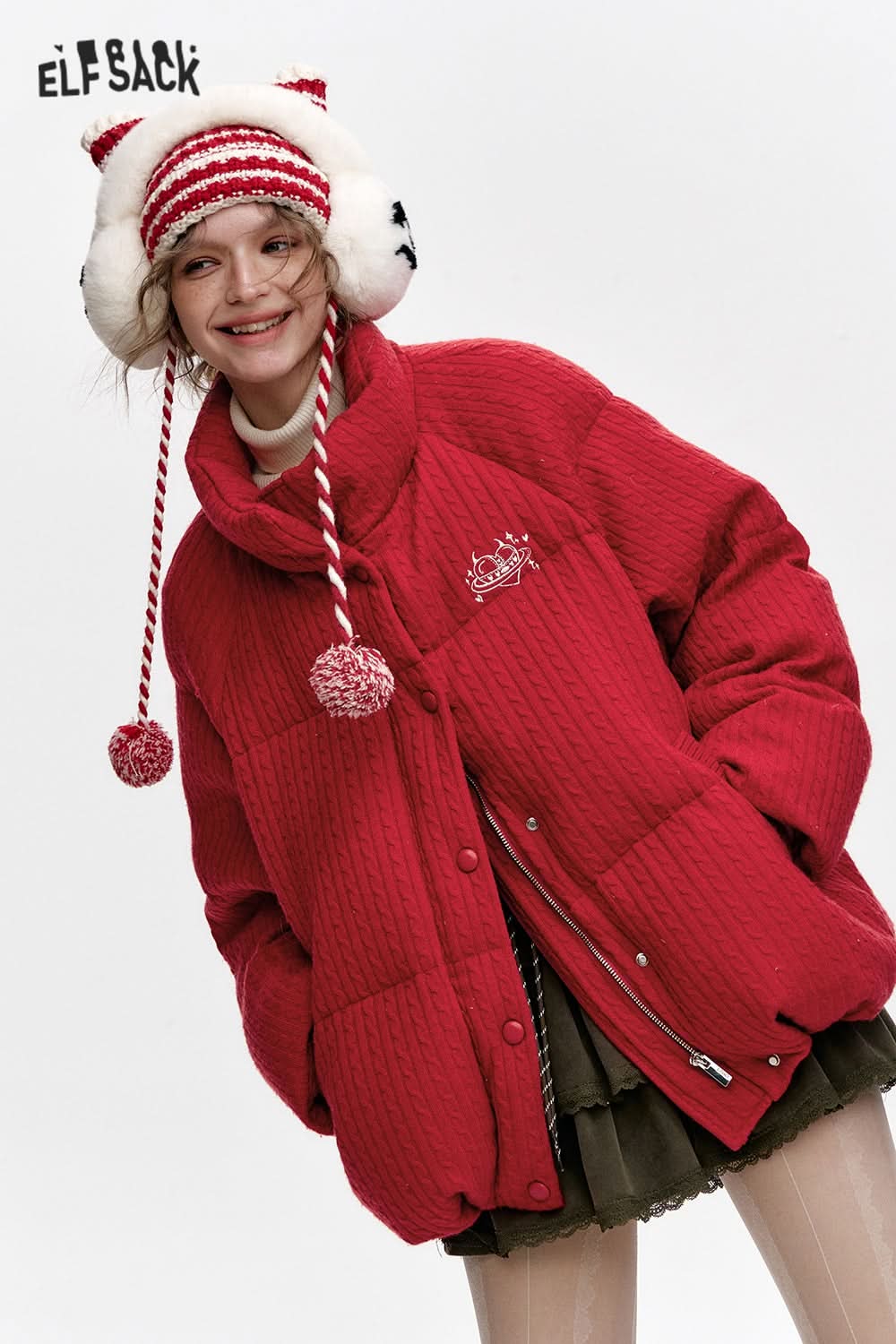 ELFSACK Grey Stand Collar Knitted Warm Short Down Jacket