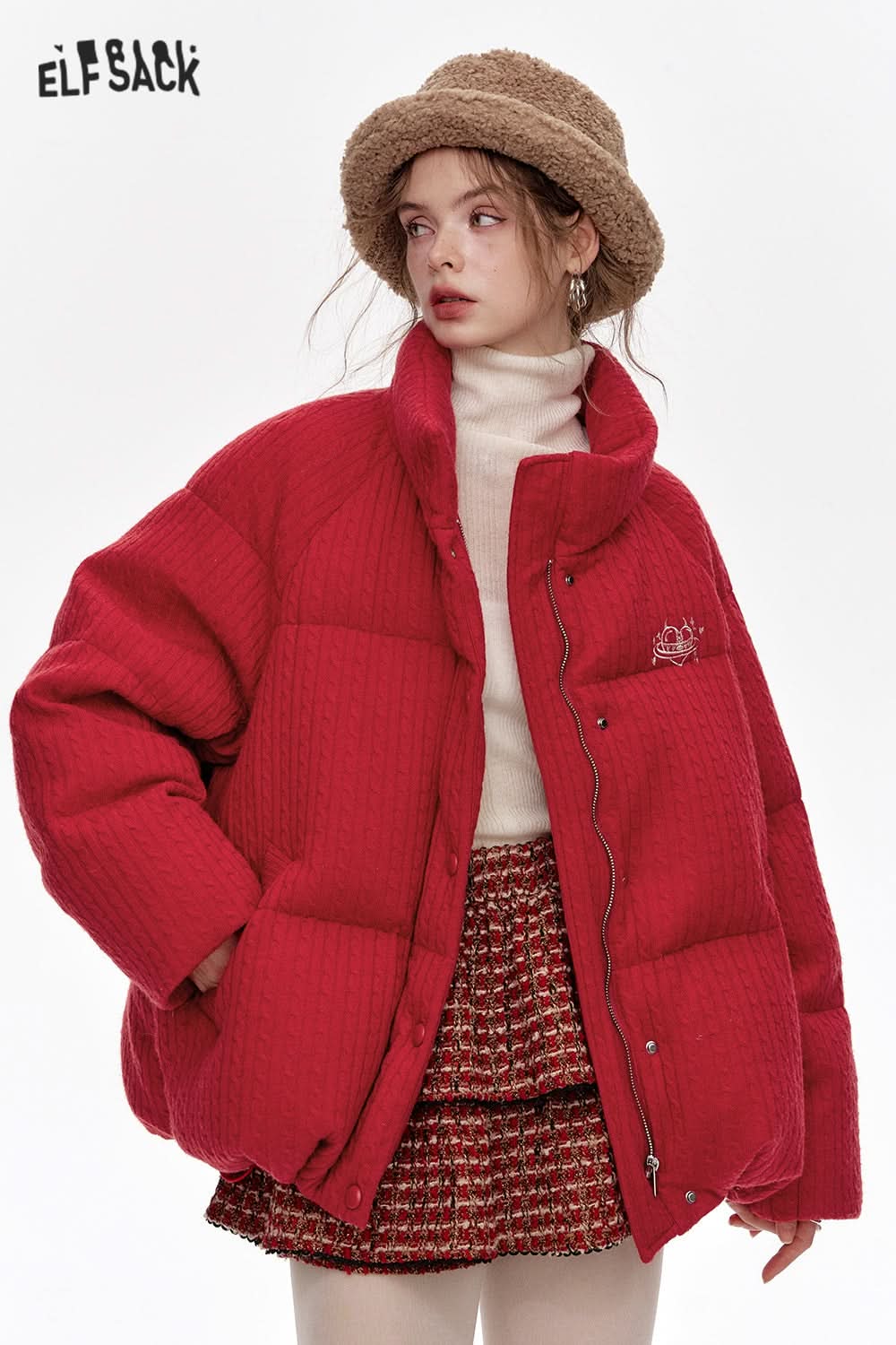 ELFSACK Grey Stand Collar Knitted Warm Short Down Jacket