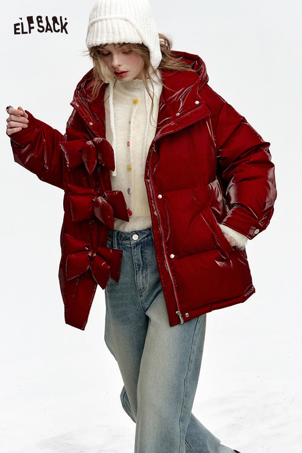 ELFSACK Hooded Bow Button Short Down Jacket Women