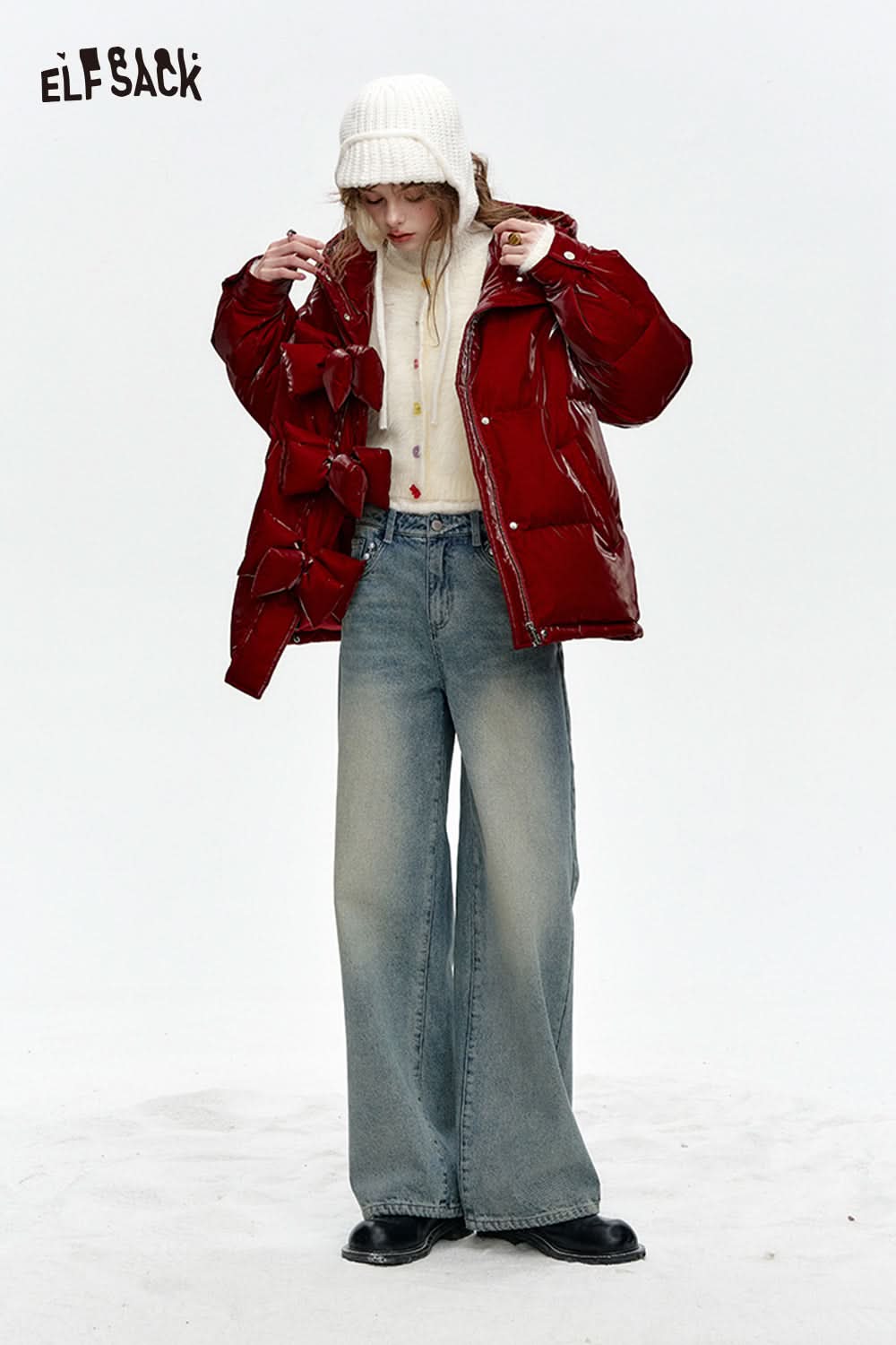 ELFSACK Hooded Bow Button Short Down Jacket Women