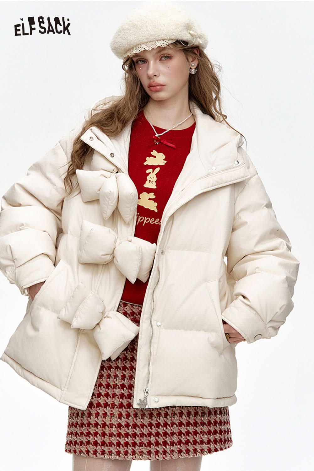 ELFSACK Hooded Bow Button Short Down Jacket Women