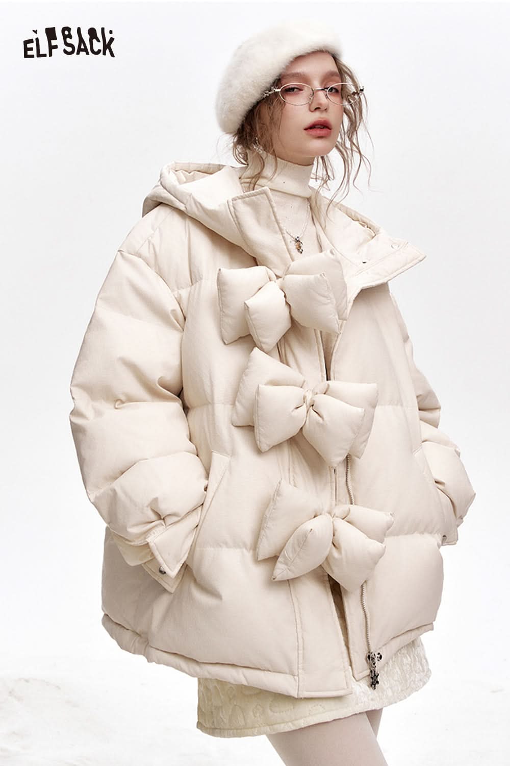ELFSACK Hooded Bow Button Short Down Jacket Women