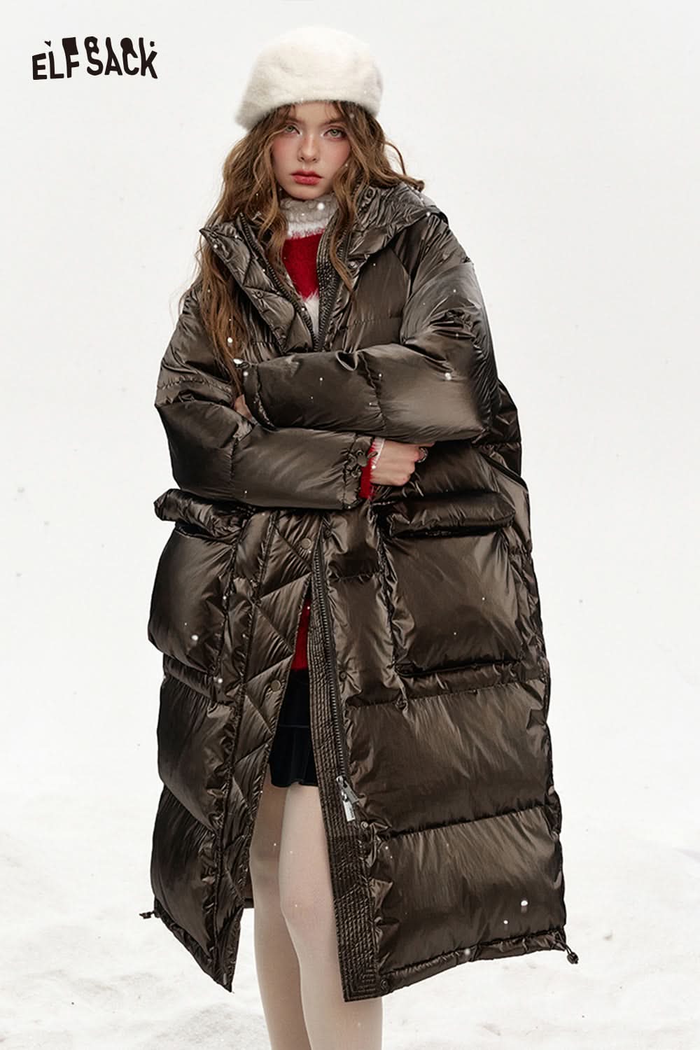 ELFSACK Hooded drawstring pockets long down jacket