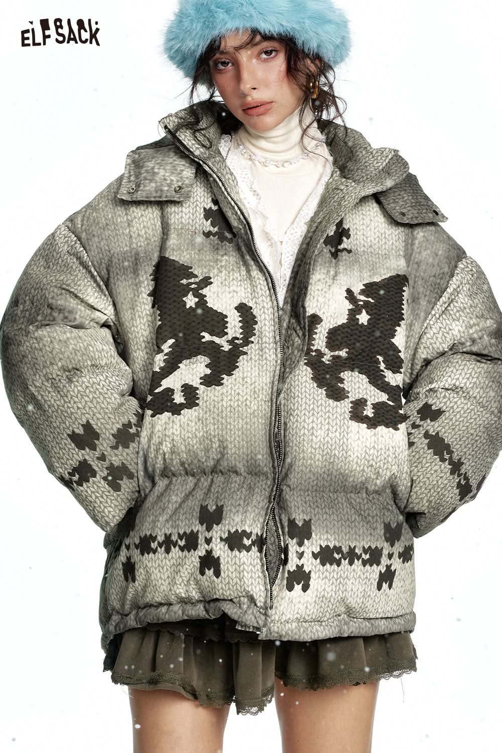 ELFSACK Fair Isle warm grey hooded down jacket