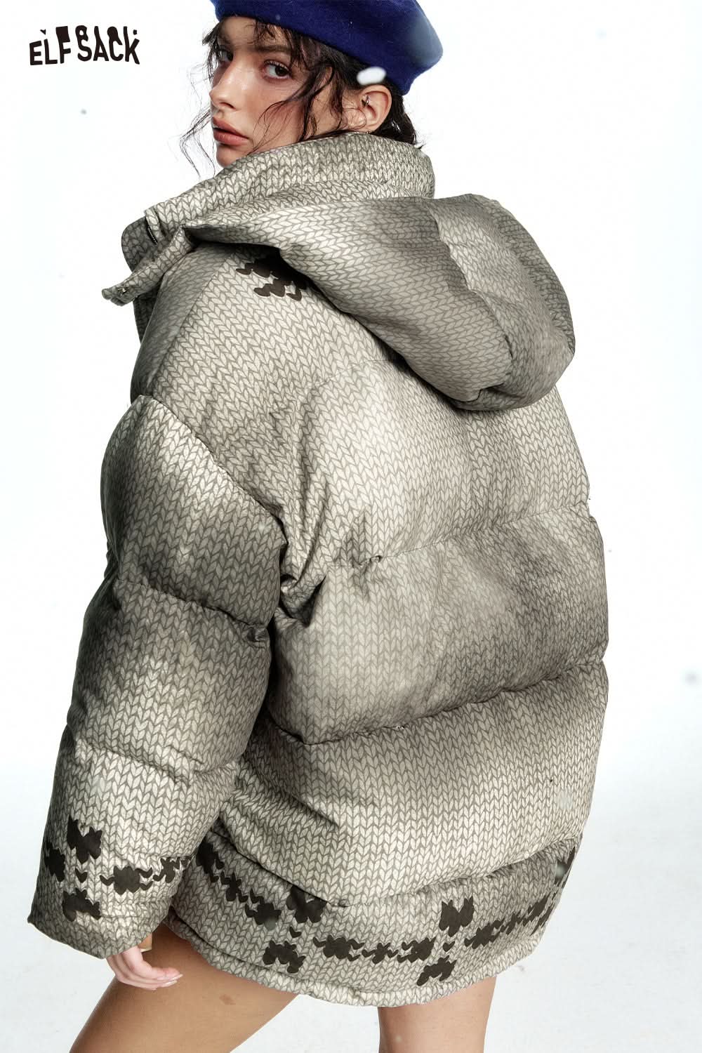 ELFSACK Fair Isle warm grey hooded down jacket