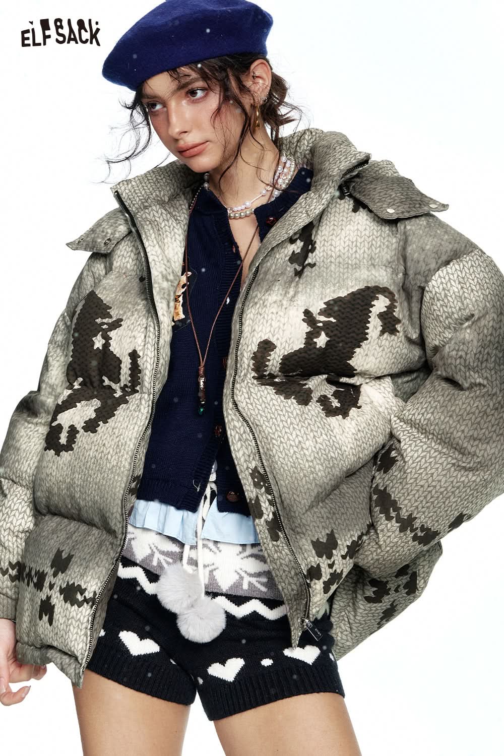 ELFSACK Fair Isle warm grey hooded down jacket