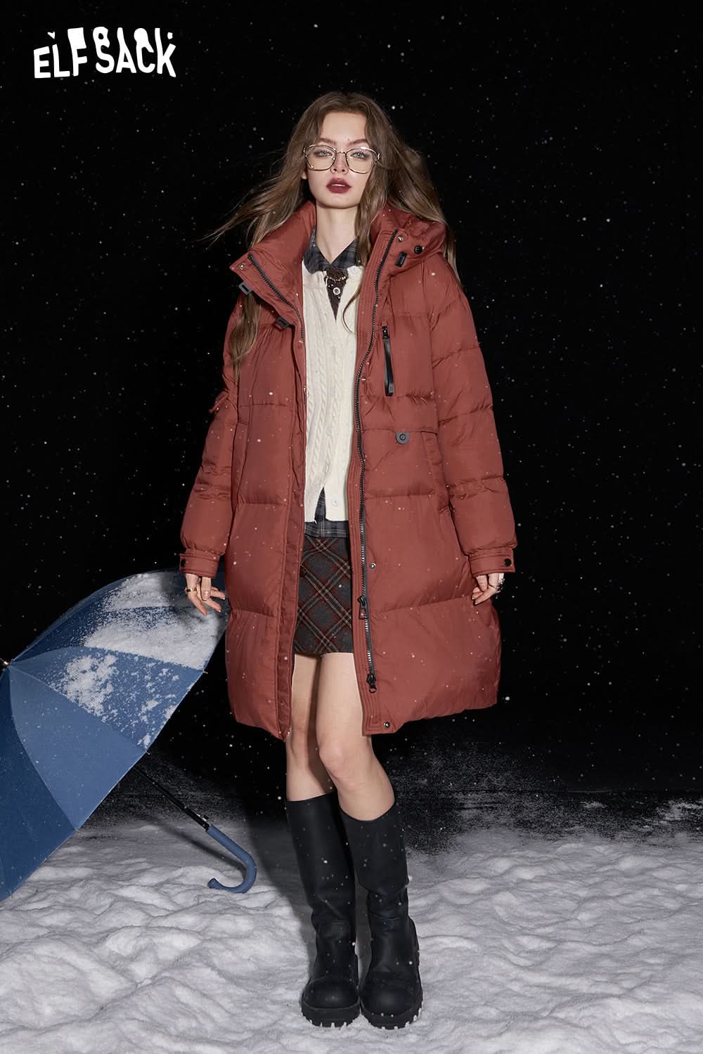 ELFSACK Retro simple mid-length hooded down jacket warm and thick