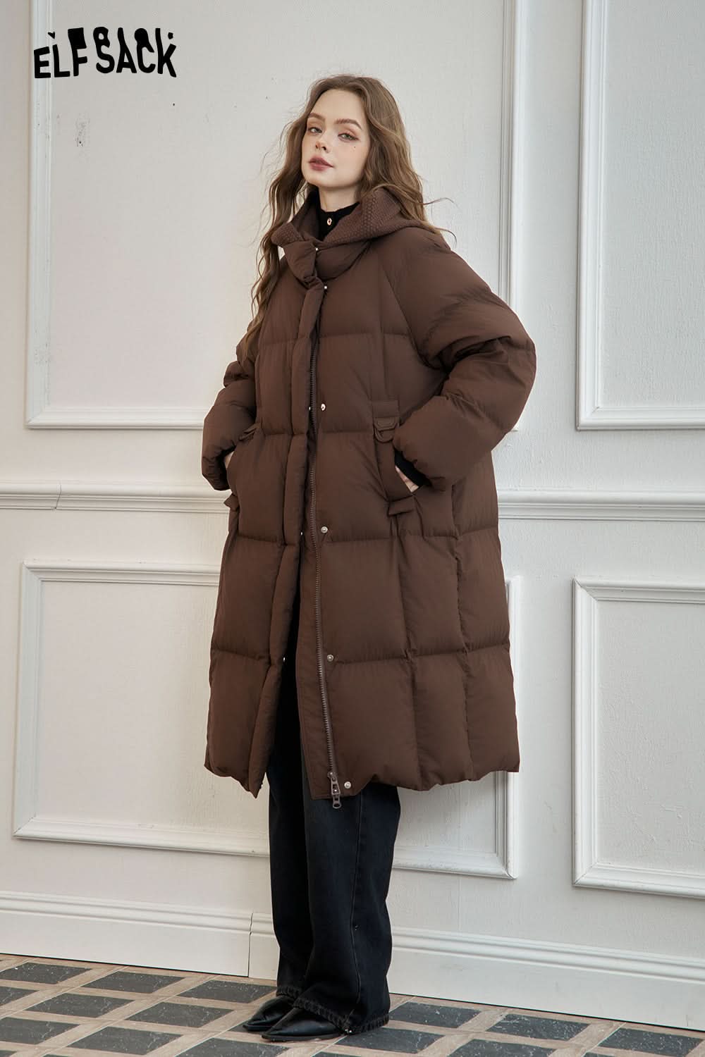 ELFSACK Women's mid-length hooded down jacket with knitted hood and raglan sleeves for warmth