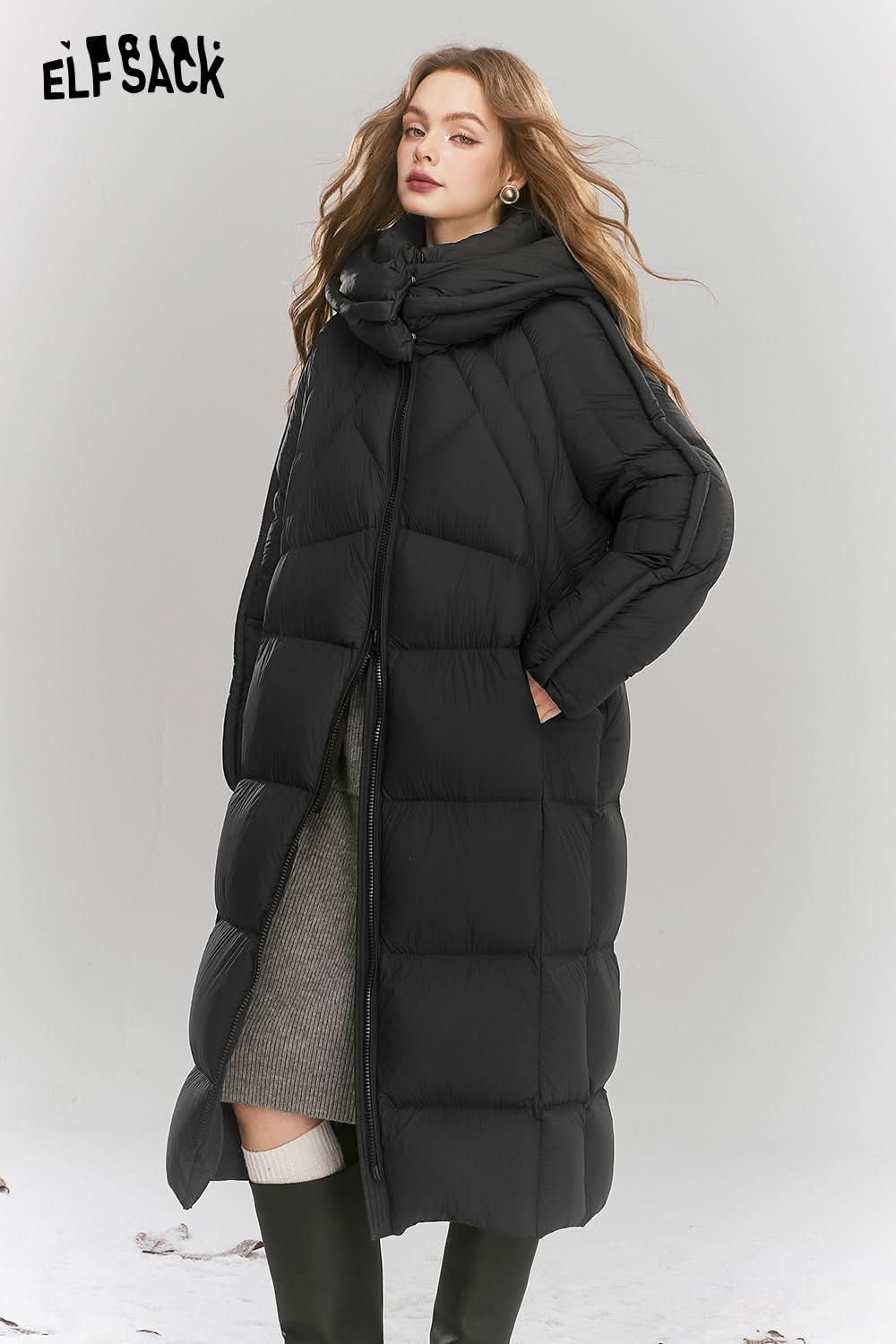 ELFSACK Simple long hooded down jacket Zipper thick warm coat