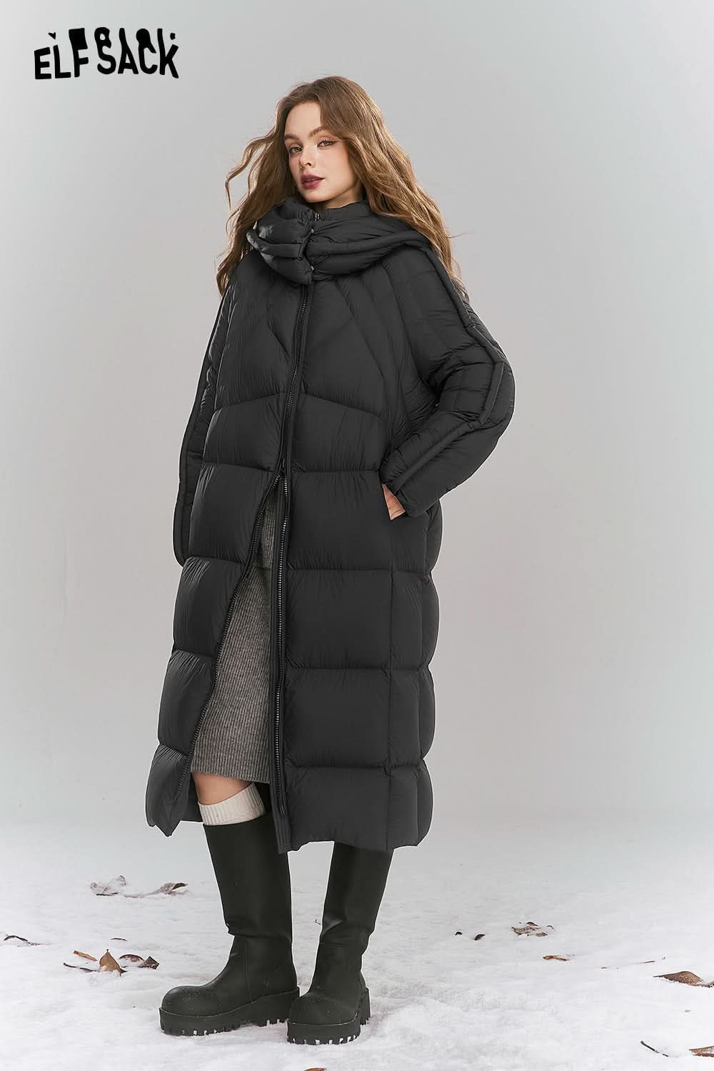 ELFSACK Simple long hooded down jacket Zipper thick warm coat
