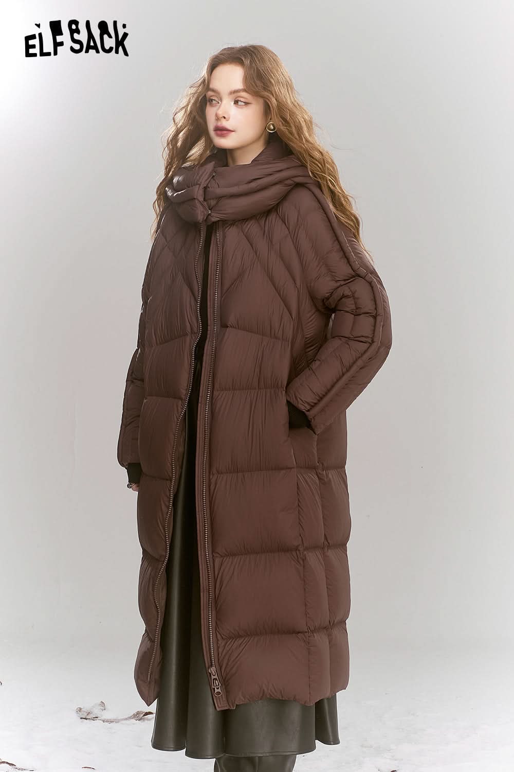 ELFSACK Simple long hooded down jacket Zipper thick warm coat