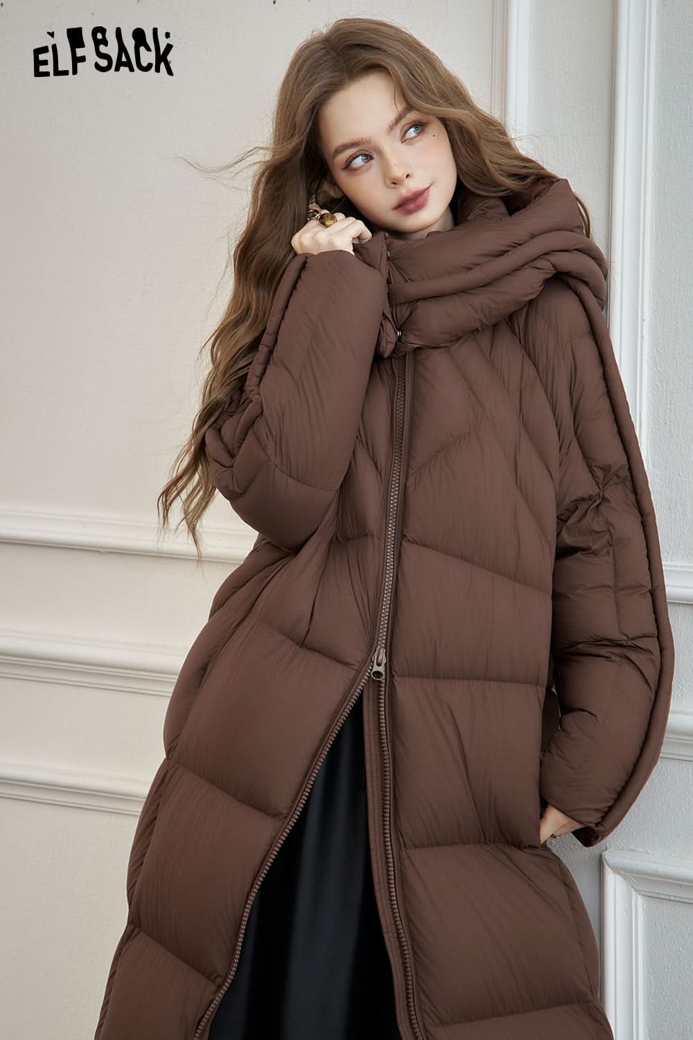 ELFSACK Simple long hooded down jacket Zipper thick warm coat