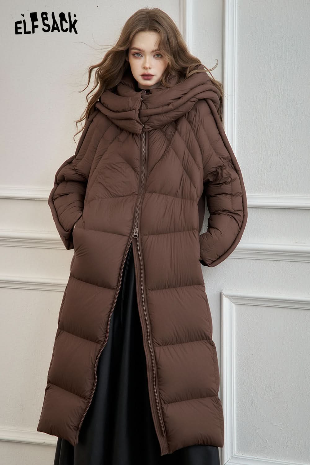 ELFSACK Simple long hooded down jacket Zipper thick warm coat