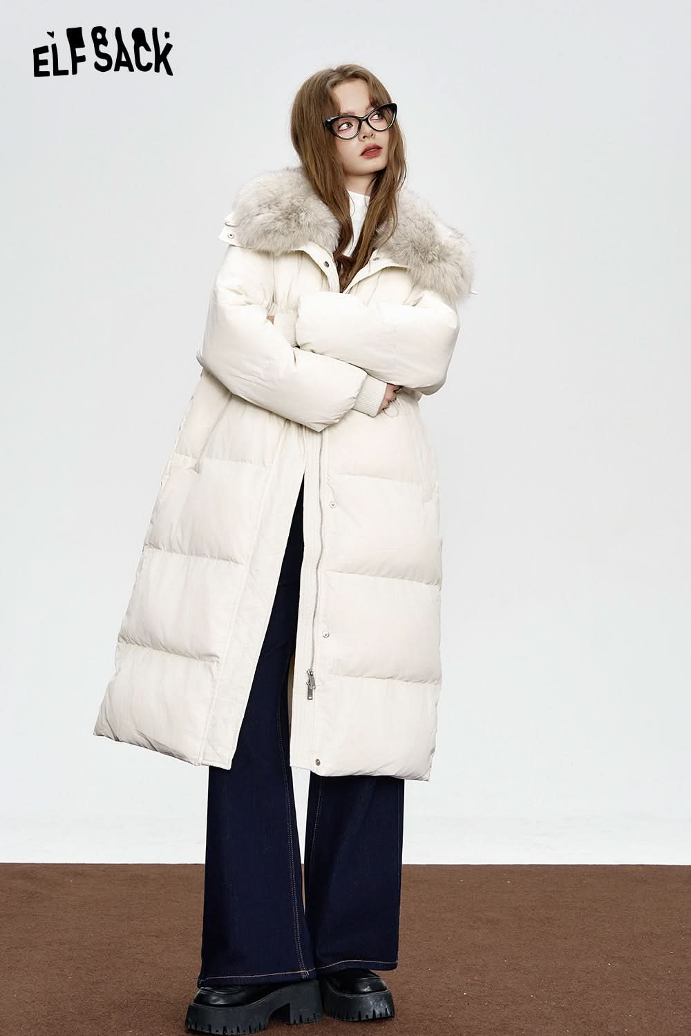 ELFSACK Black mid-length down jacket Fake fur collar waist elegant coat