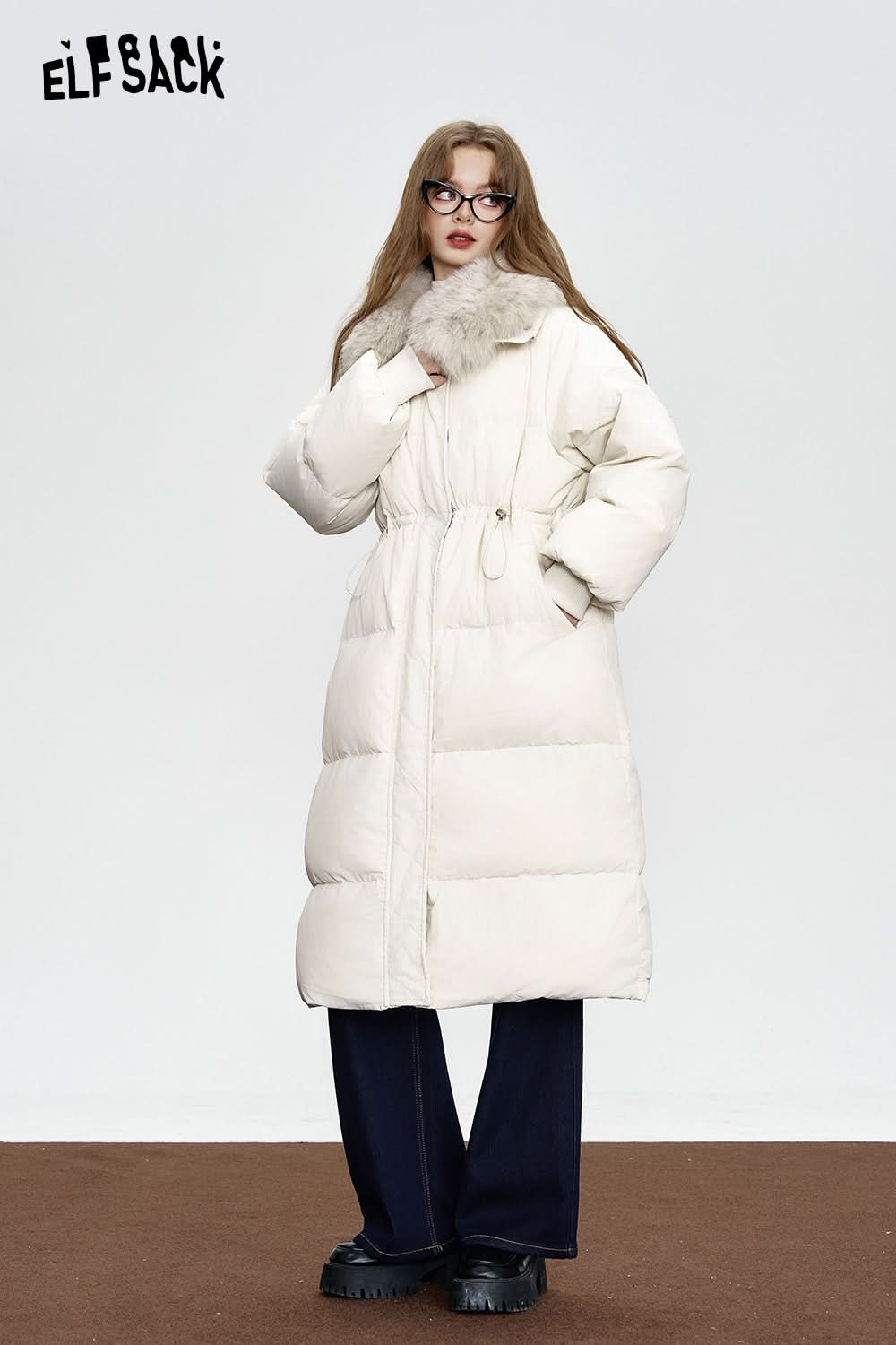 ELFSACK Black mid-length down jacket Fake fur collar waist elegant coat