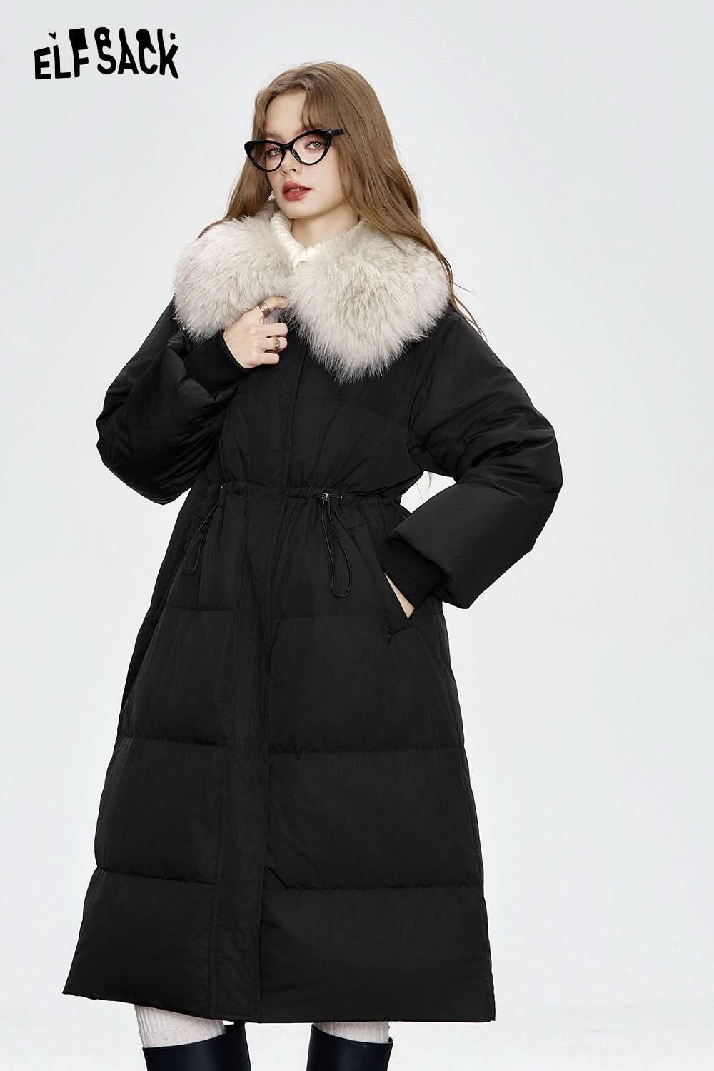 ELFSACK Black mid-length down jacket Fake fur collar waist elegant coat