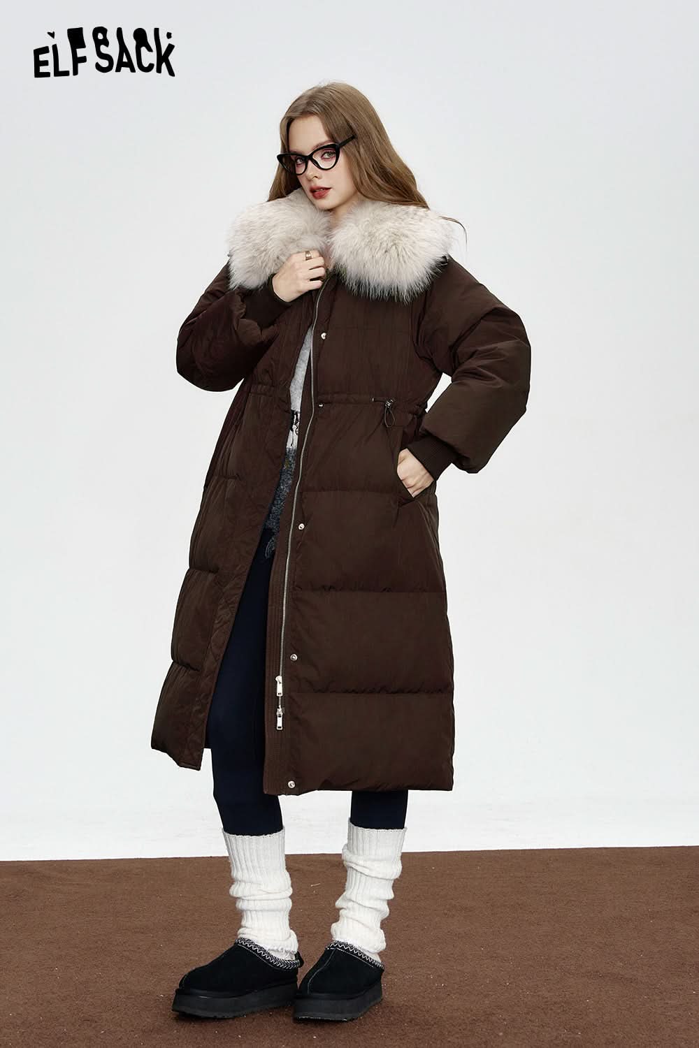 ELFSACK Black mid-length down jacket Fake fur collar waist elegant coat