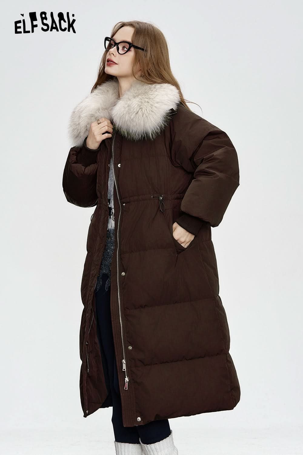 ELFSACK Black mid-length down jacket Fake fur collar waist elegant coat