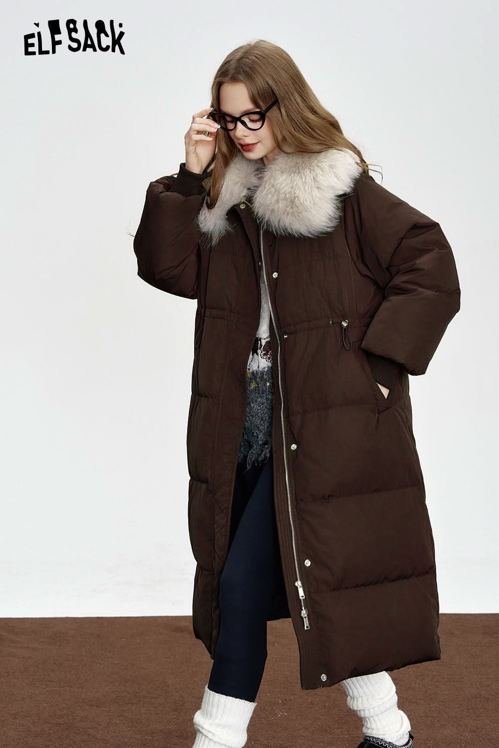 ELFSACK Black mid-length down jacket Fake fur collar waist elegant coat