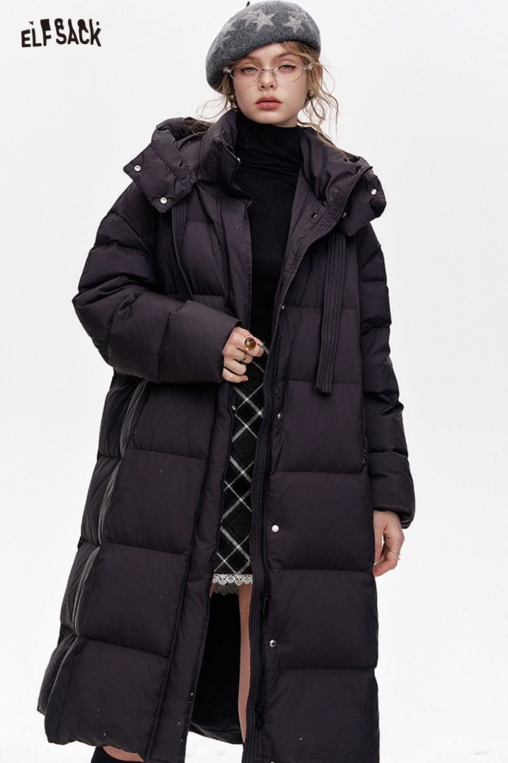ELFSACK Simple and versatile hooded long loose down jacket