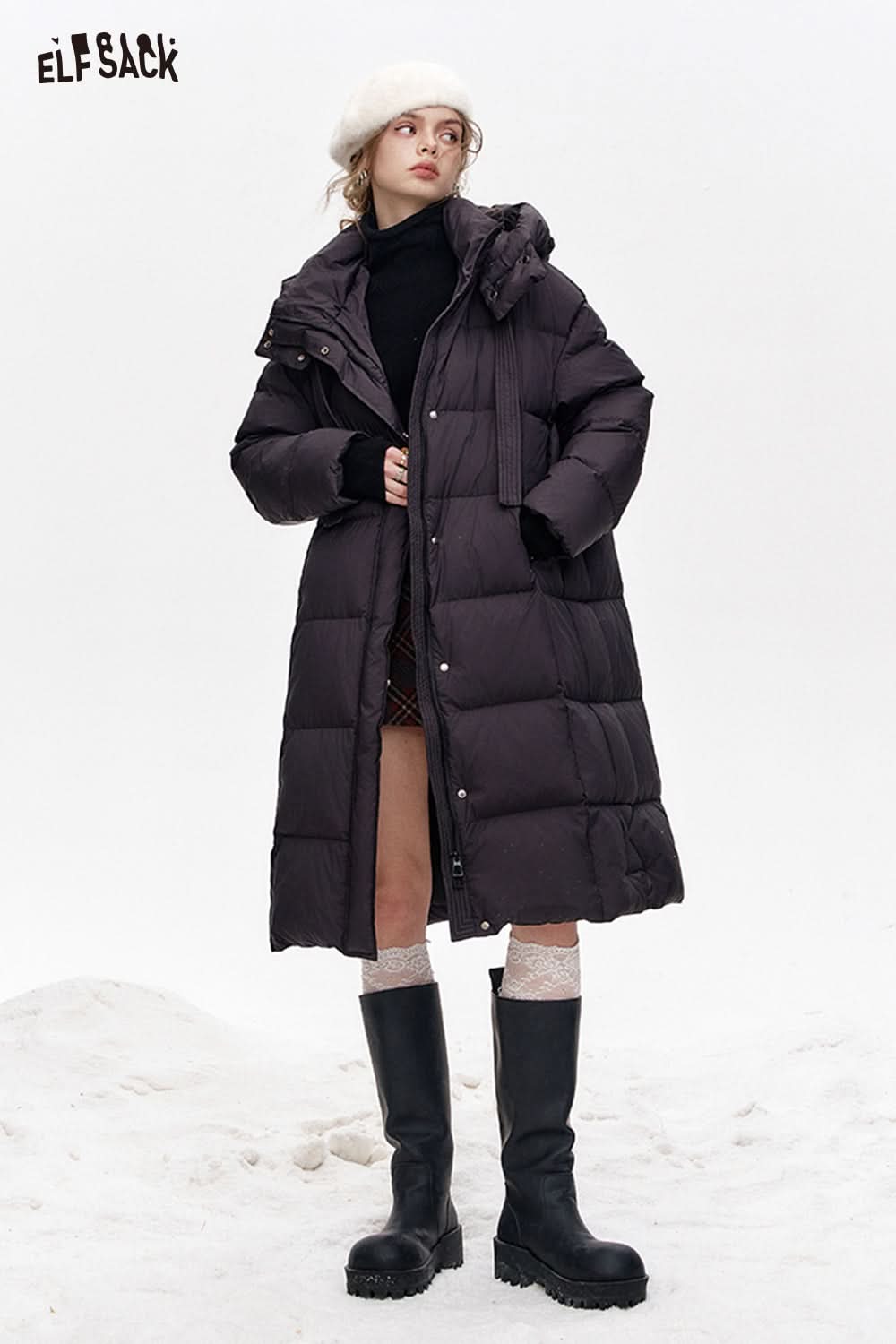 ELFSACK Simple and versatile hooded long loose down jacket