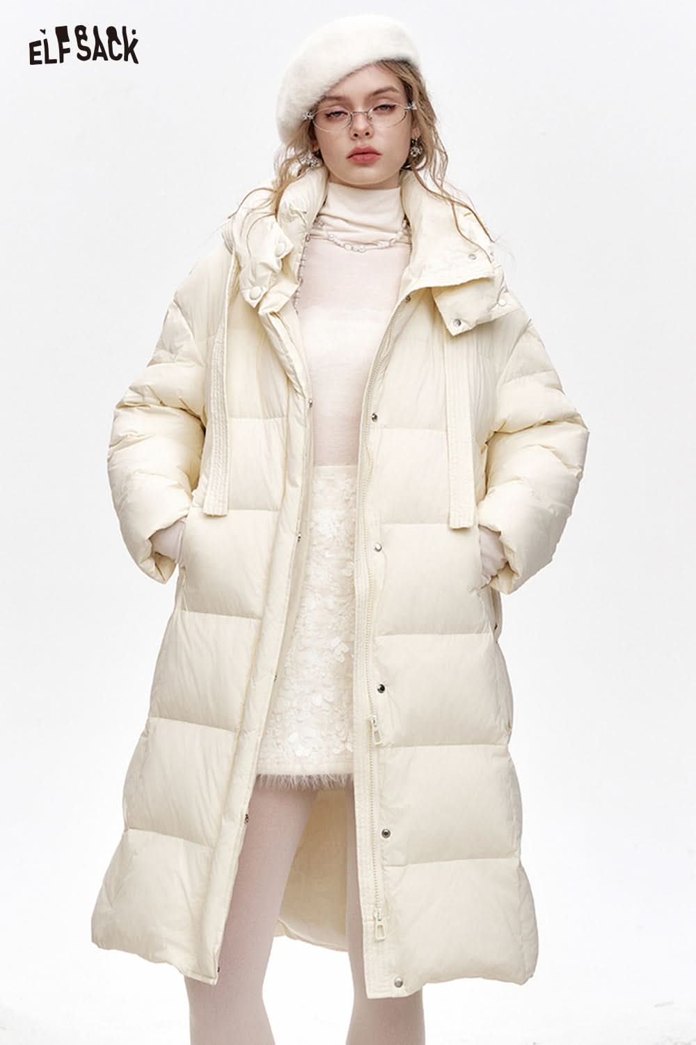 ELFSACK Simple and versatile hooded long loose down jacket