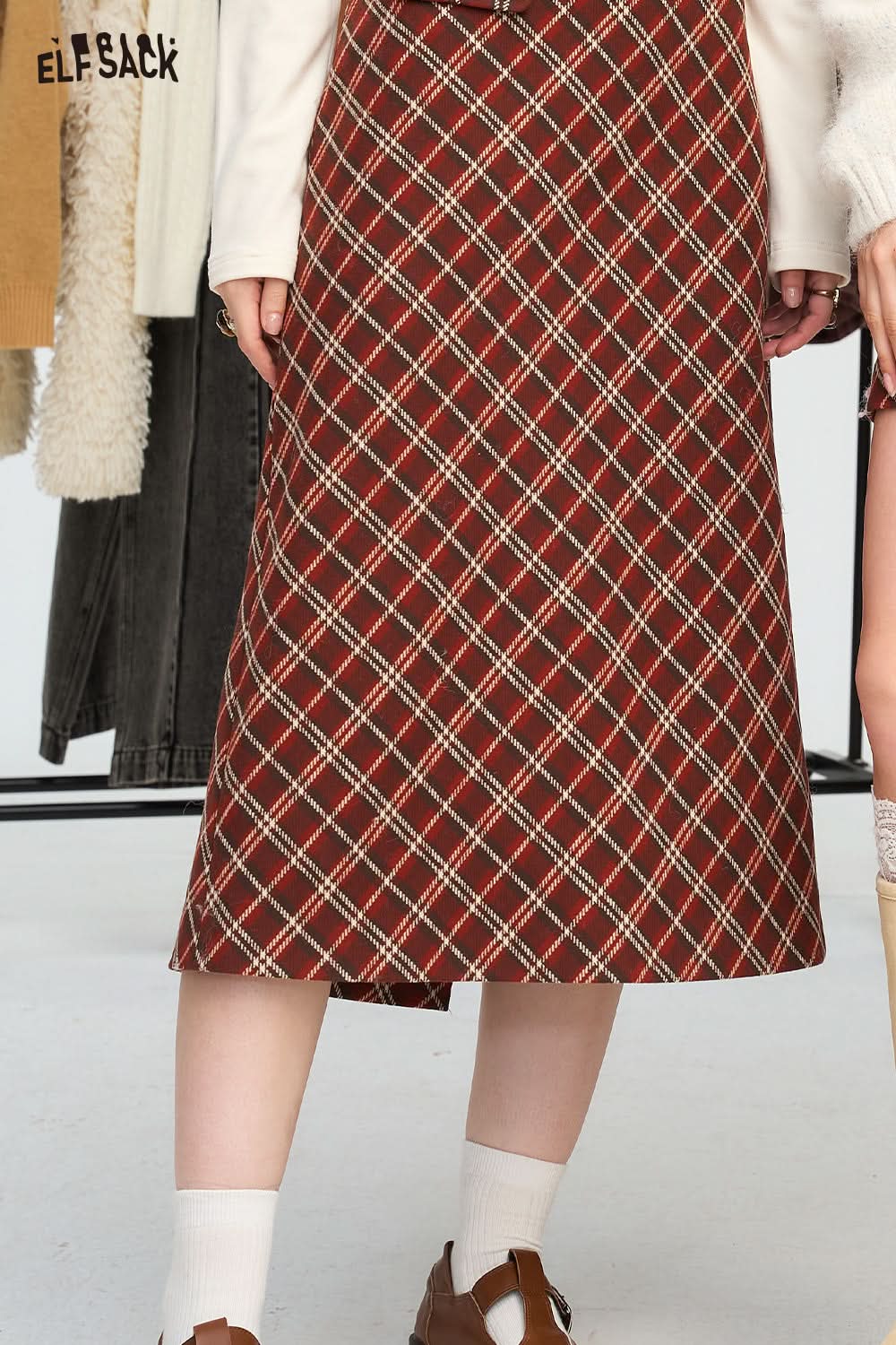 ELFSACK Retro plaid A-line skirt, sweet Preppy Style long skirt short skirt