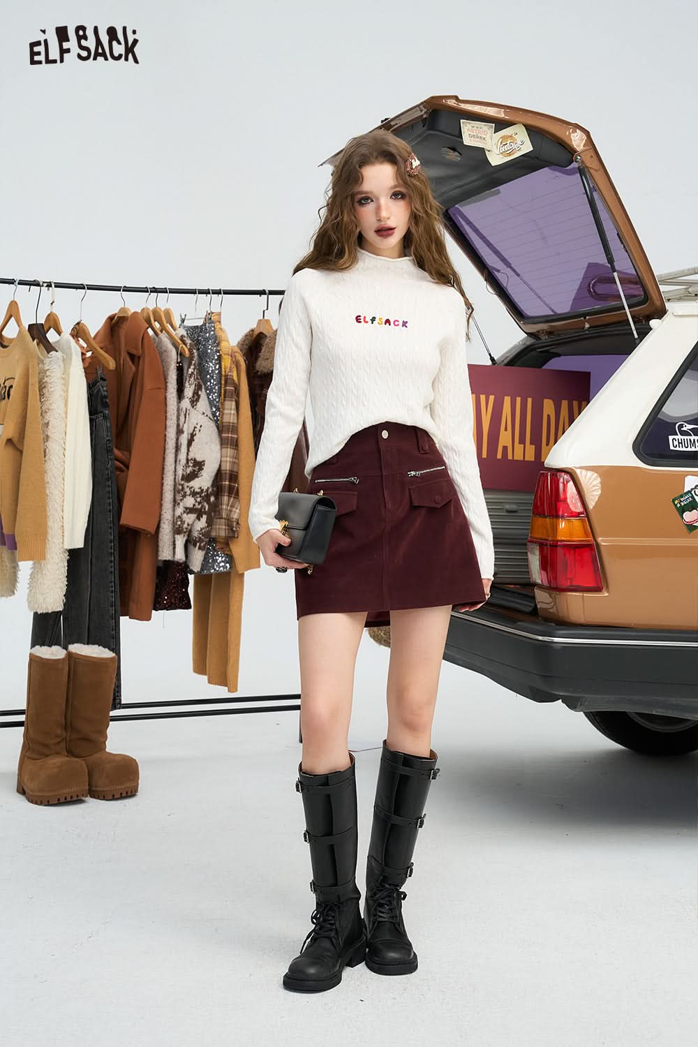 ELFSACK Retro high waisted plush A-line skirt Preppy Style versatile short skirt
