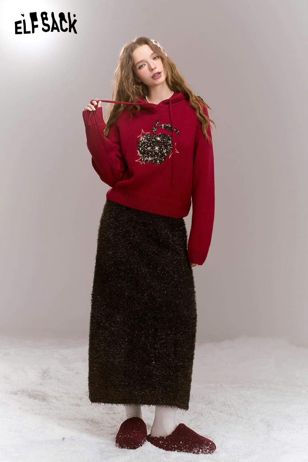 ELFSACK Retro Glitter Feather Yarn Coffee Color Straight Long Skirt