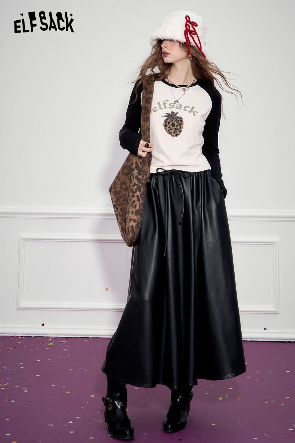 ELFSACK Retro black large hem pu long A-line skirt
