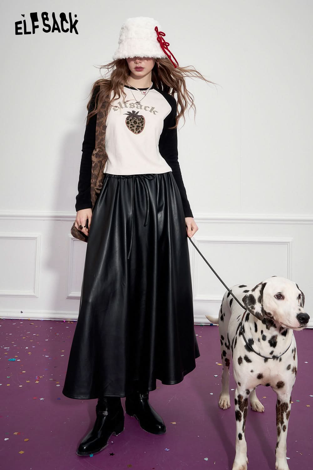 ELFSACK Retro black large hem pu long A-line skirt