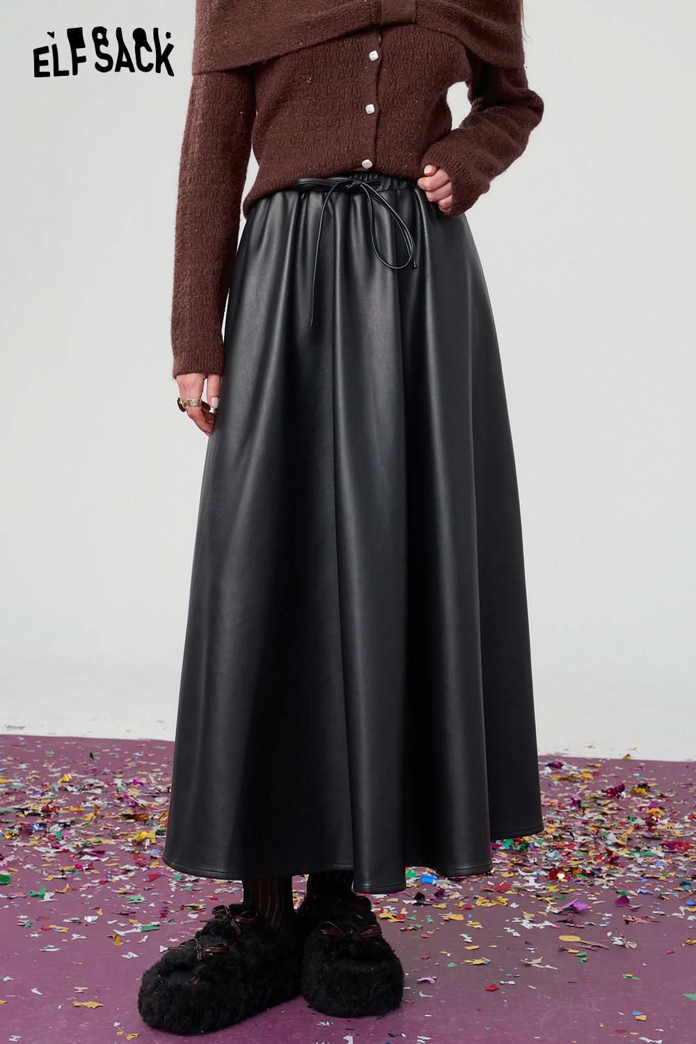 ELFSACK Retro black large hem pu long A-line skirt