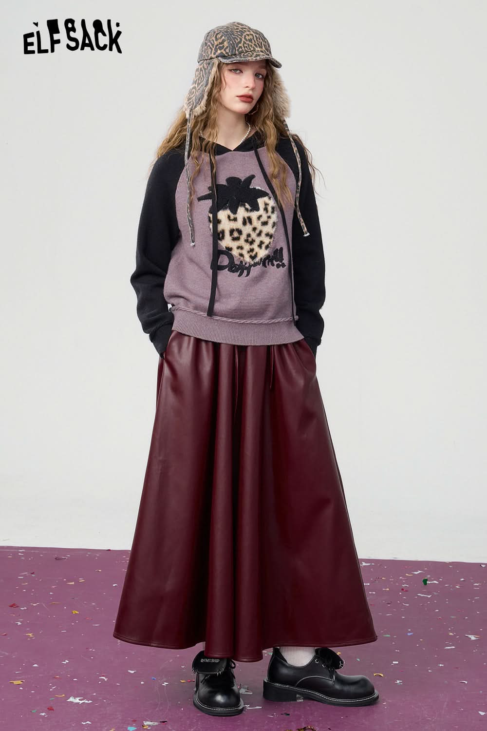 ELFSACK Retro black large hem pu long A-line skirt
