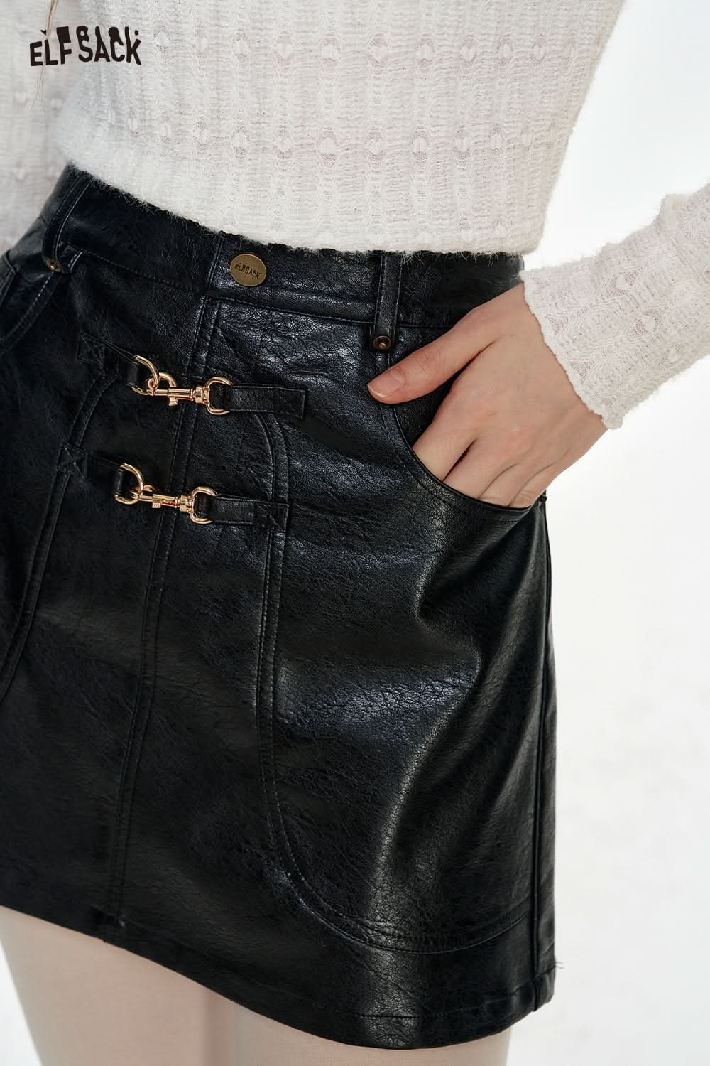 ELFSACK Black PU Short A-line Skirt with Pockets