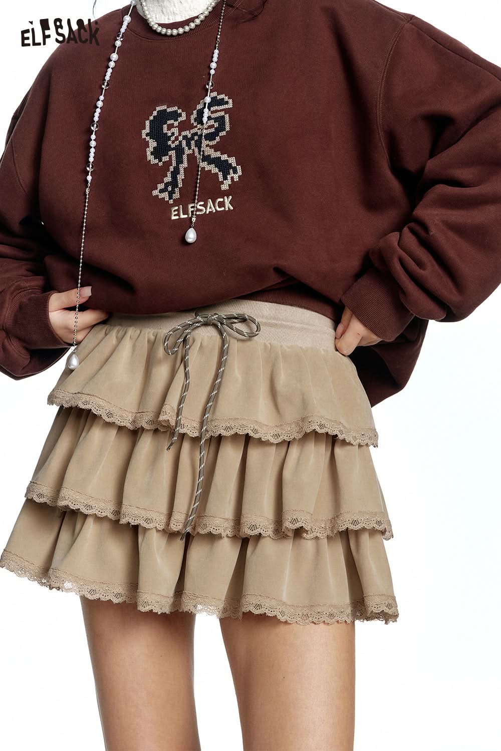 ELFSACK y2k lace stitching cake skirt women A-line High Waist Pleated Skirt