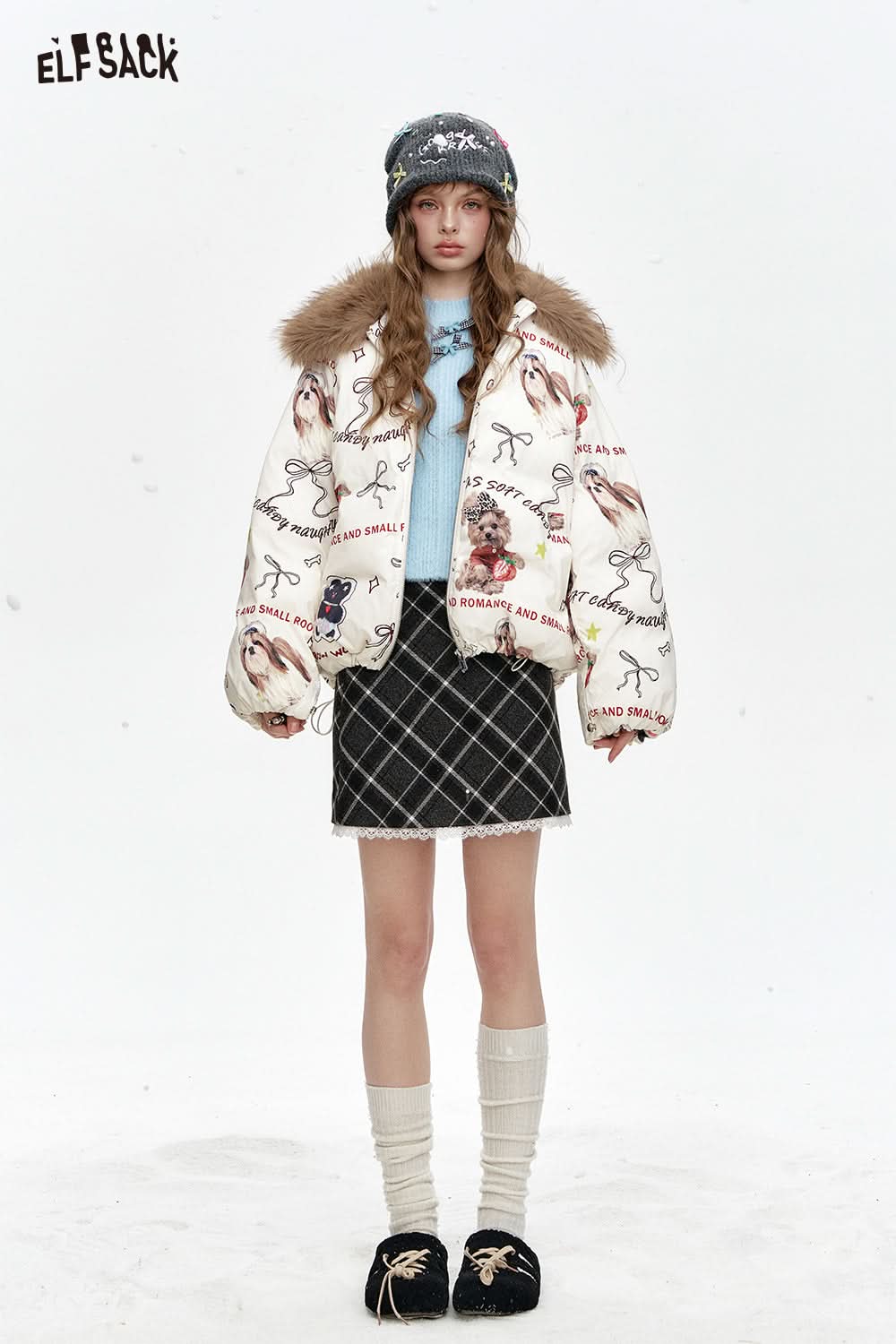 ELFSACK Lace stitching gray plaid short A-line skirt