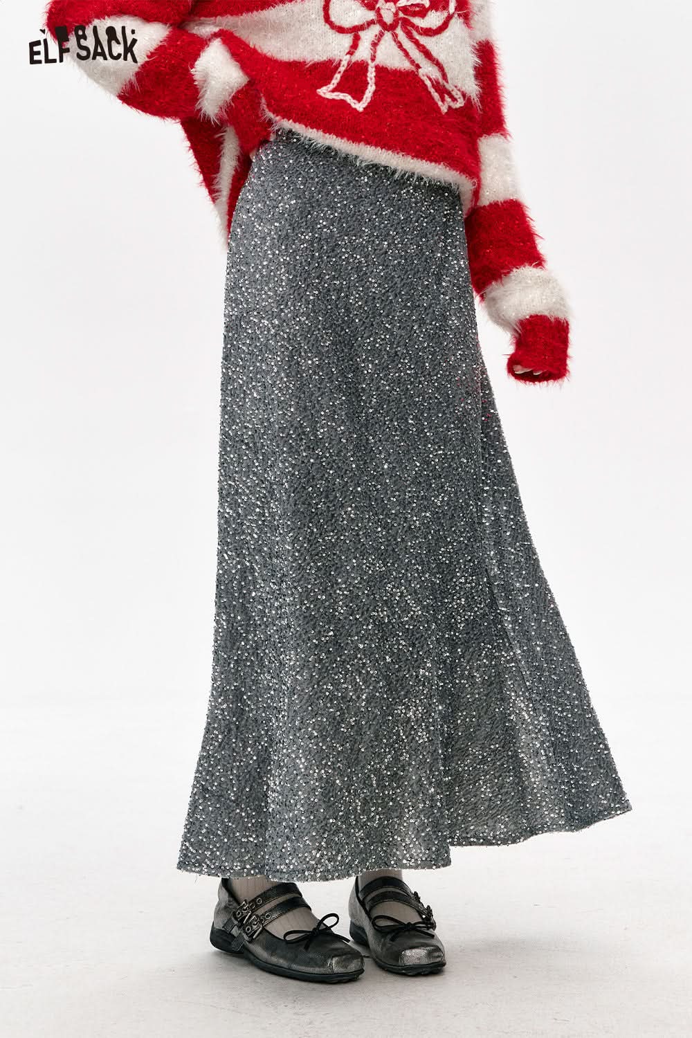 ELFSACK Sequined Velvet High Waist Mid-Length Fishtail Skirt Women