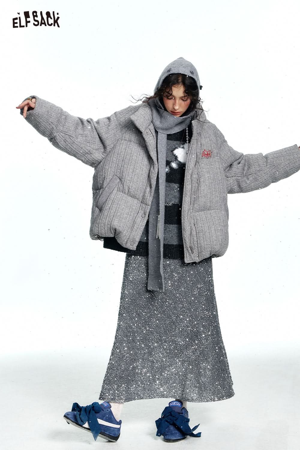 ELFSACK Sequined Velvet High Waist Mid-Length Fishtail Skirt Women