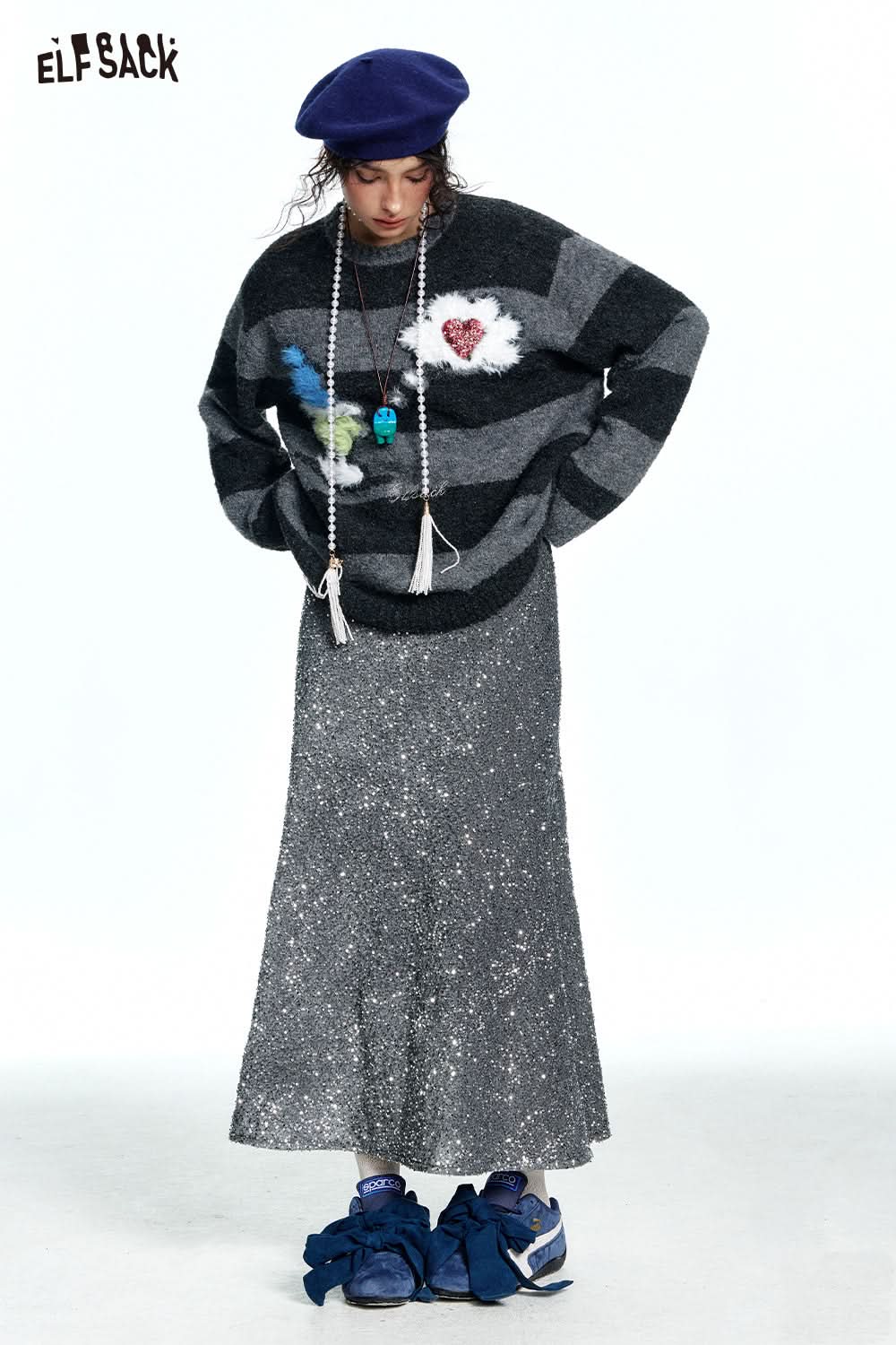 ELFSACK Sequined Velvet High Waist Mid-Length Fishtail Skirt Women