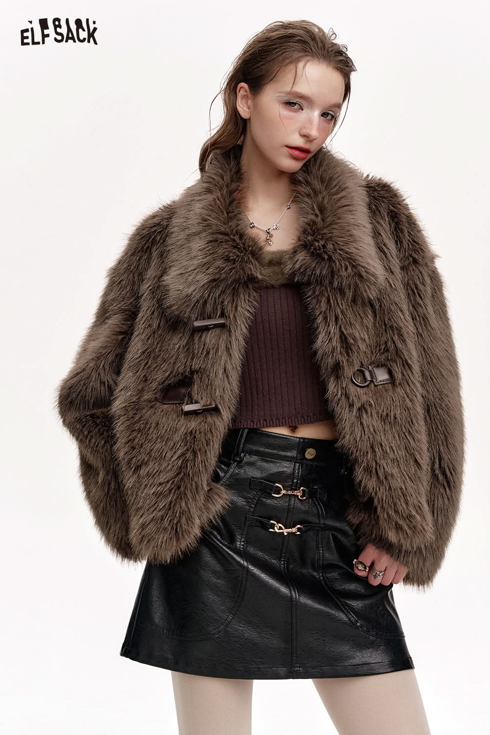 ELFSACK Women's faux plush stitching knitted vest