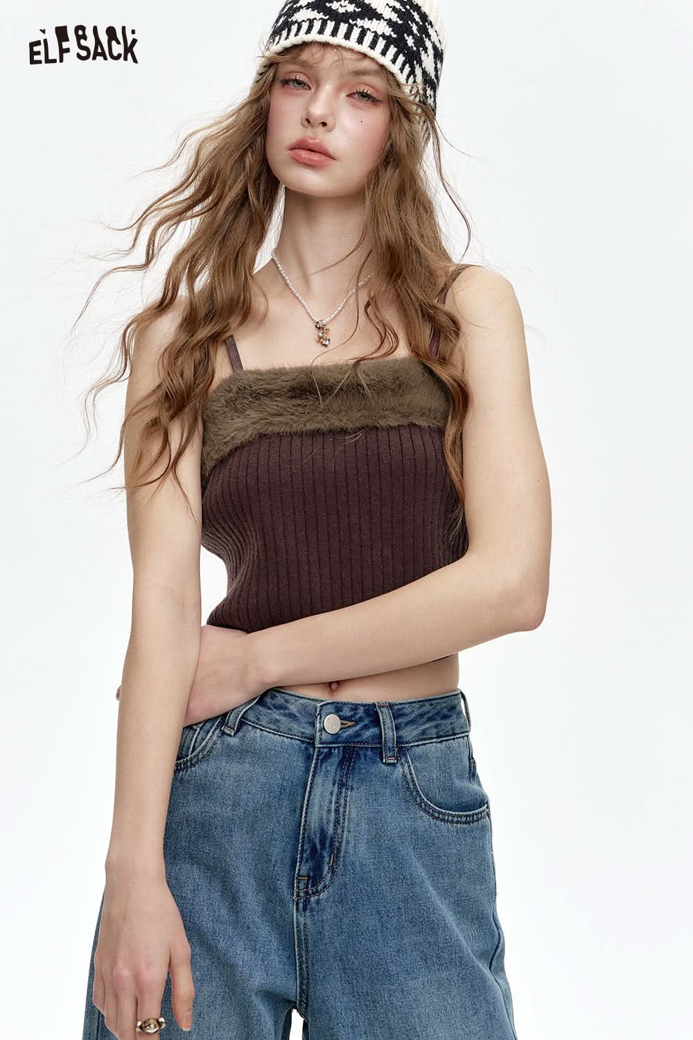 ELFSACK Women's faux plush stitching knitted vest