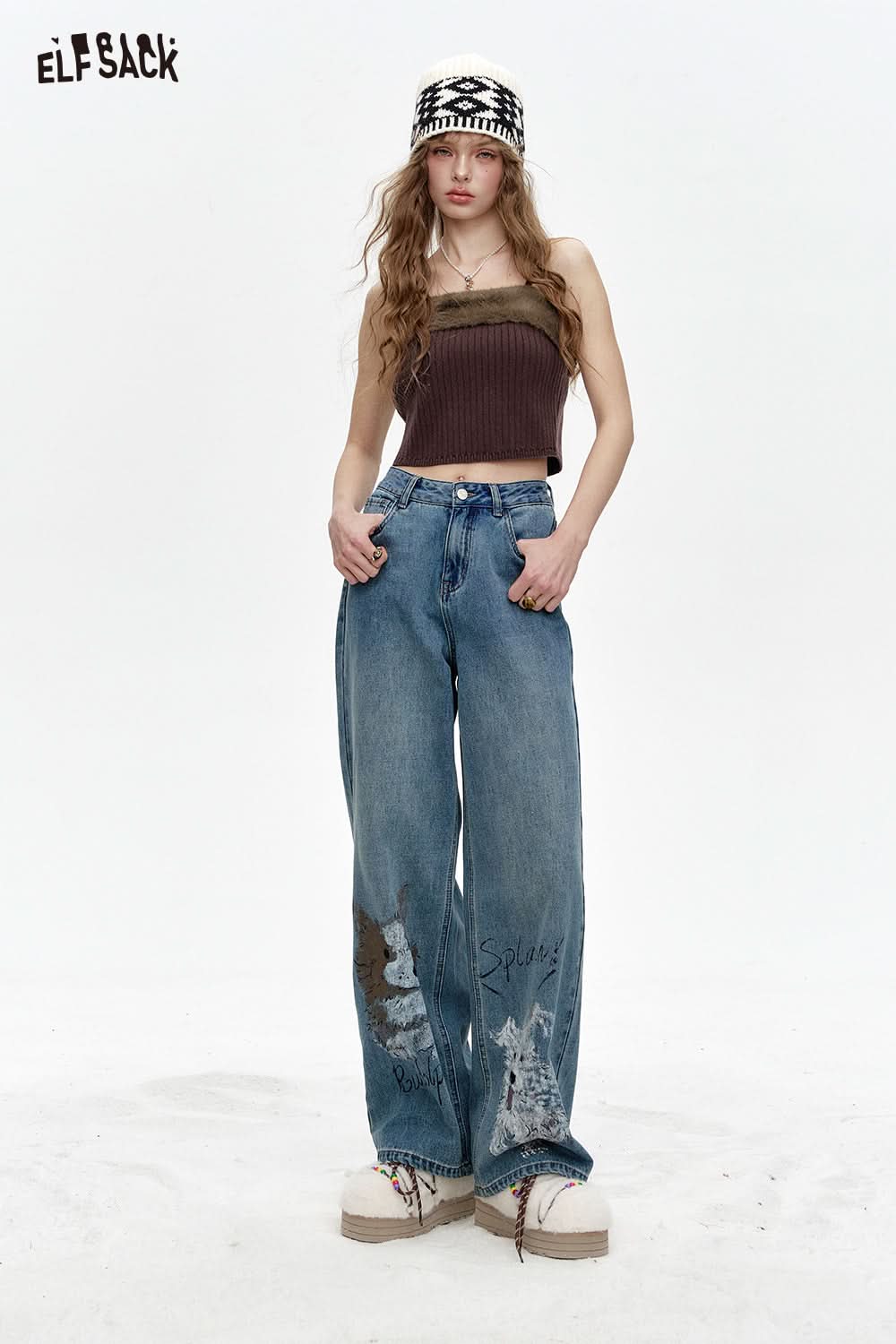 ELFSACK Women's faux plush stitching knitted vest